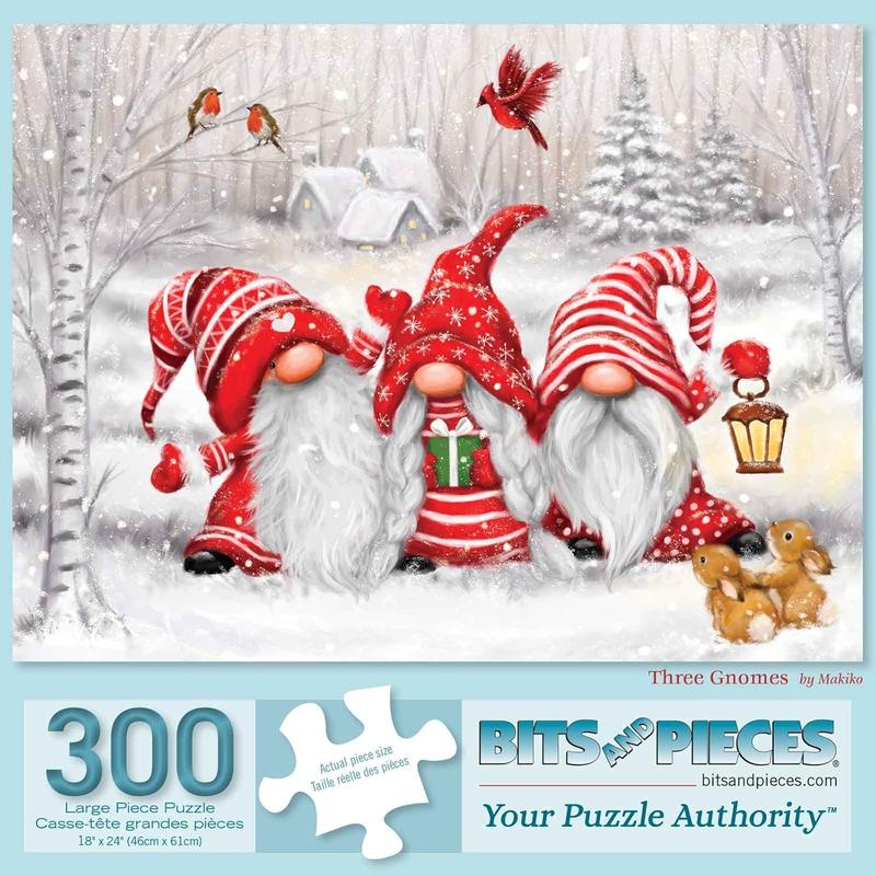 Bits and Pieces - 300 Piece Jigsaw Puzzle for Adults - 'Three Gnomes' - 300 pc Holiday Christmas Winter Large Piece Jigsaw by Artist Makiko - 18