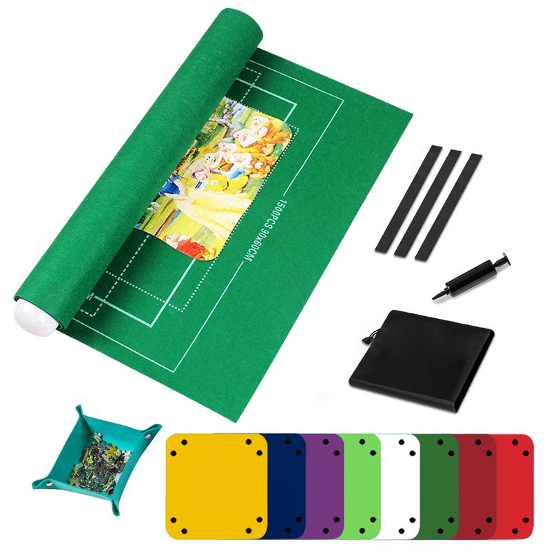 Jigsaw  Puzzle Mat Roll UP ，Puzzle Saver with 8 Colored Sorting Trays Storage Bag Pump, Portable Puzzle Keeper for 3000 1500 1000 Piece