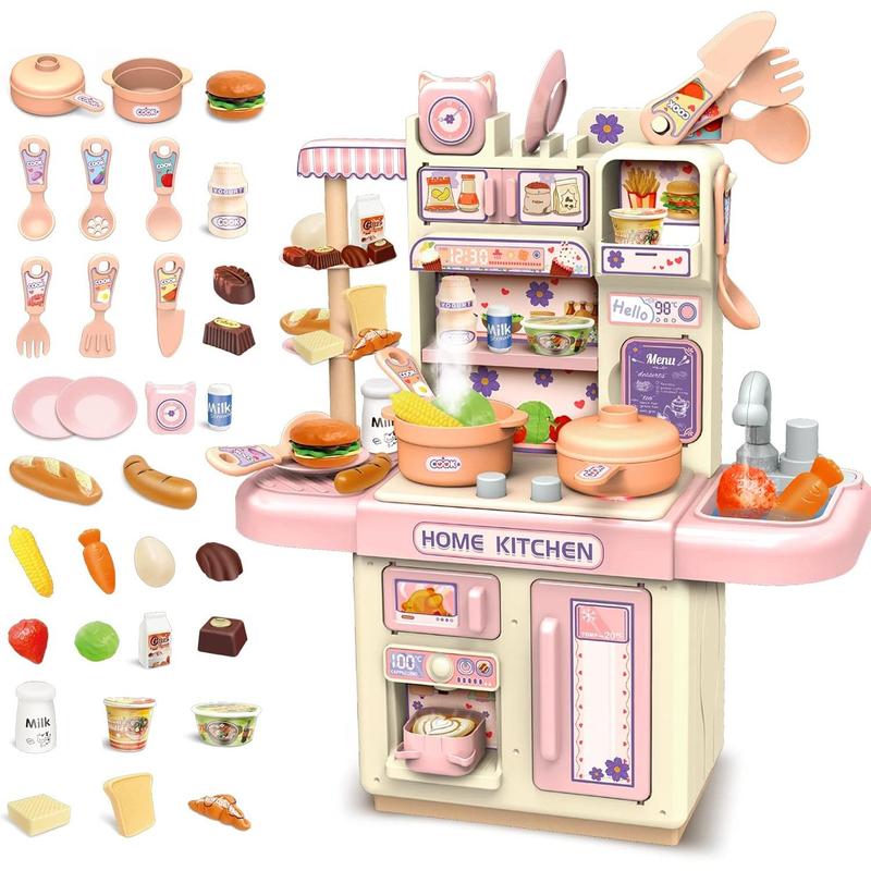 Mini Kitchen Playset Toy,33 PCS Play Kitchen with Realistic Steam and Lights, Role Playing Game Pretend Food and Cooking Playset, Mini Kitchen Accessories Set for 3 4 Girls Boys