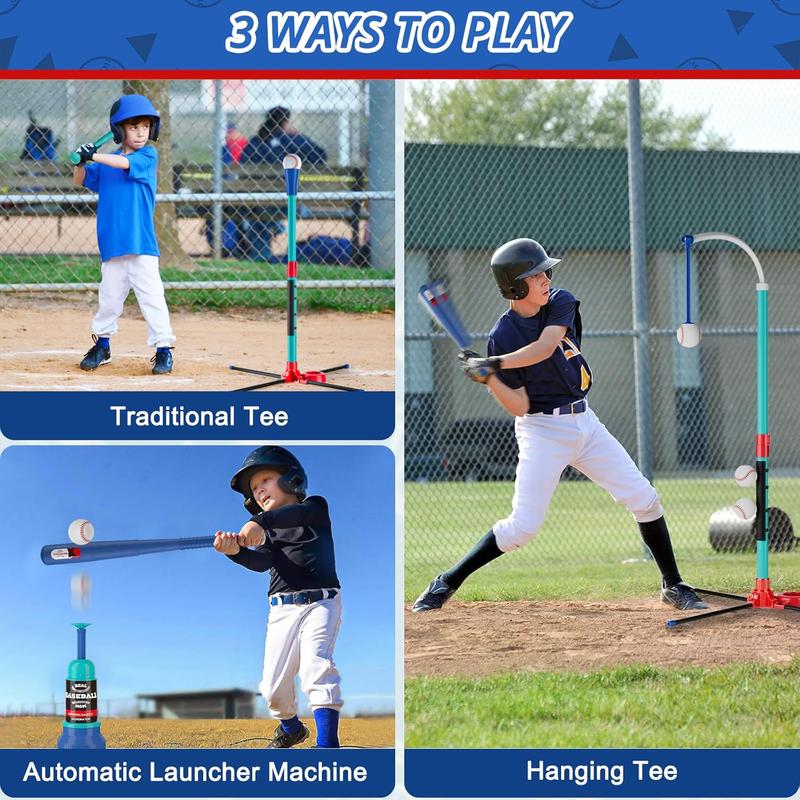 3-in-1 Baseball Set Kids Sports Toy: Hanging Batting Tee + Stand Set for Toddlers & Youth Adjustable Height with Auto Ball Launcher 6 balls 2 Bats Outdoor&Indoor Toys Birthday Gifts for 3-12 years old