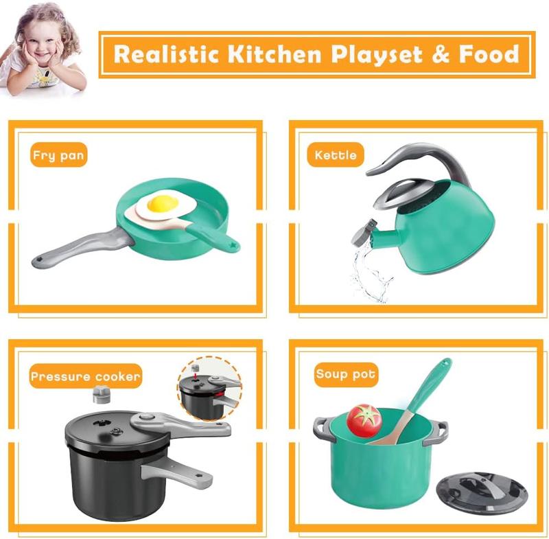 32Pcs Kids Play Kitchen Toys Set, Christmas Gift Toddlers Pretend Cooking Playset Accessories with Pots Pans, Utensils Cookware