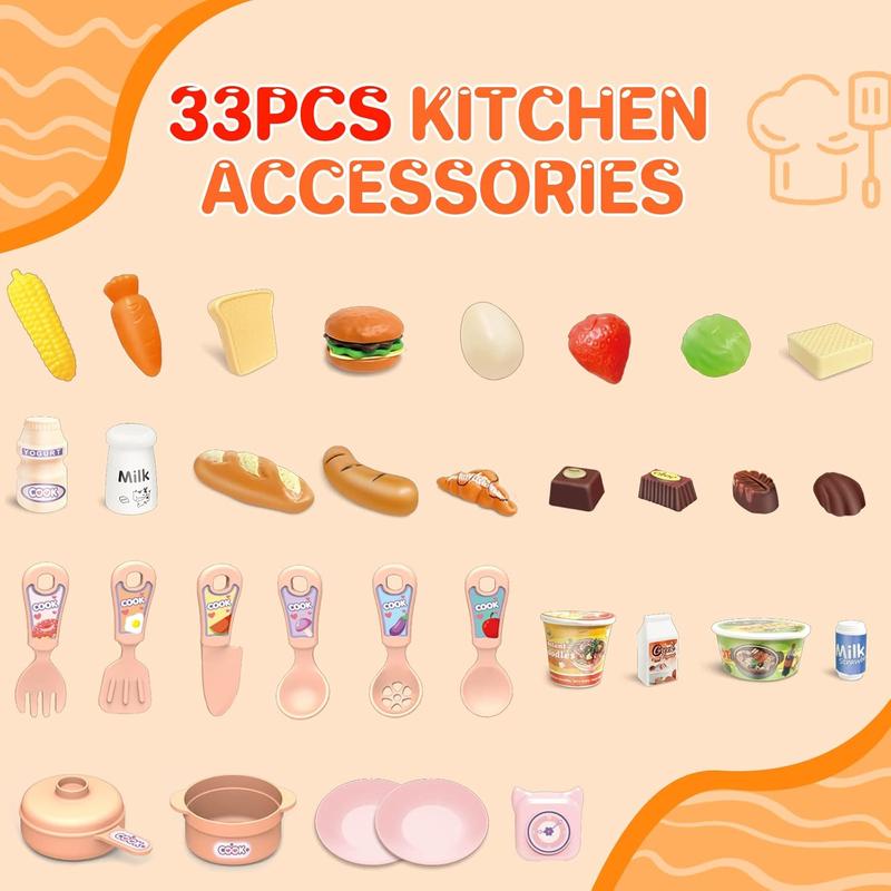 Mini Kitchen Playset Toy,33 PCS Play Kitchen with Realistic Steam and Lights, Role Playing Game Pretend Food and Cooking Playset, Mini Kitchen Accessories Set for 3 4 Girls Boys