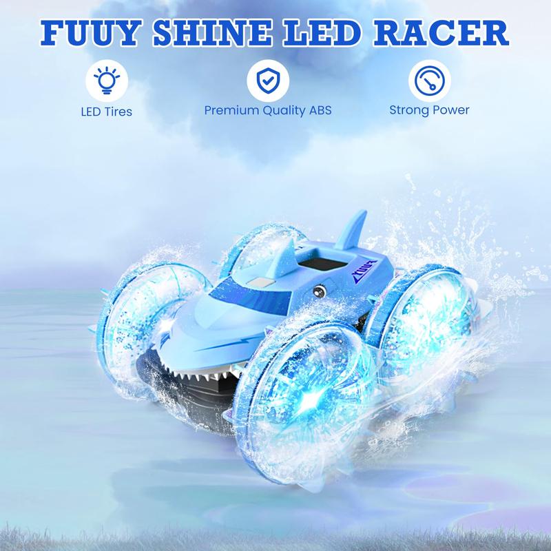 Amphibious Remote Control Car for Kids - 360° Rotation, LED Tires, Double-Sided Stunt Car - All Terrain RC Car for Land and Water Adventures