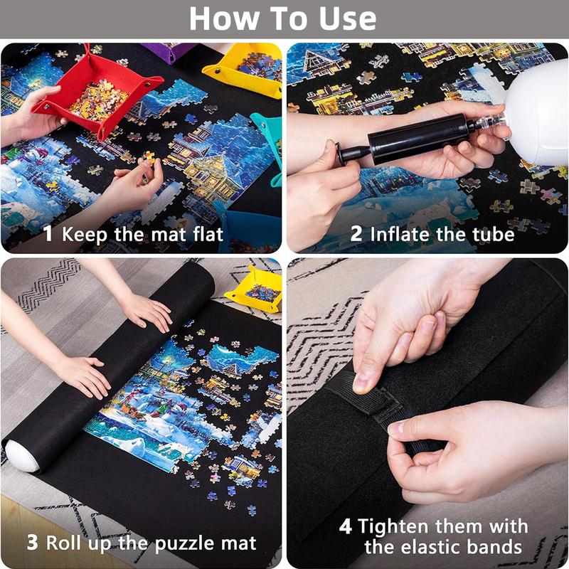 Jigsaw  Puzzle Mat Roll UP ，Puzzle Saver with 8 Colored Sorting Trays Storage Bag Pump, Portable Puzzle Keeper for 3000 1500 1000 Piece