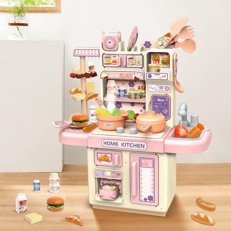 Mini Kitchen Playset Toy,33 PCS Play Kitchen with Realistic Steam and Lights, Role Playing Game Pretend Food and Cooking Playset, Mini Kitchen Accessories Set for 3 4 Girls Boys