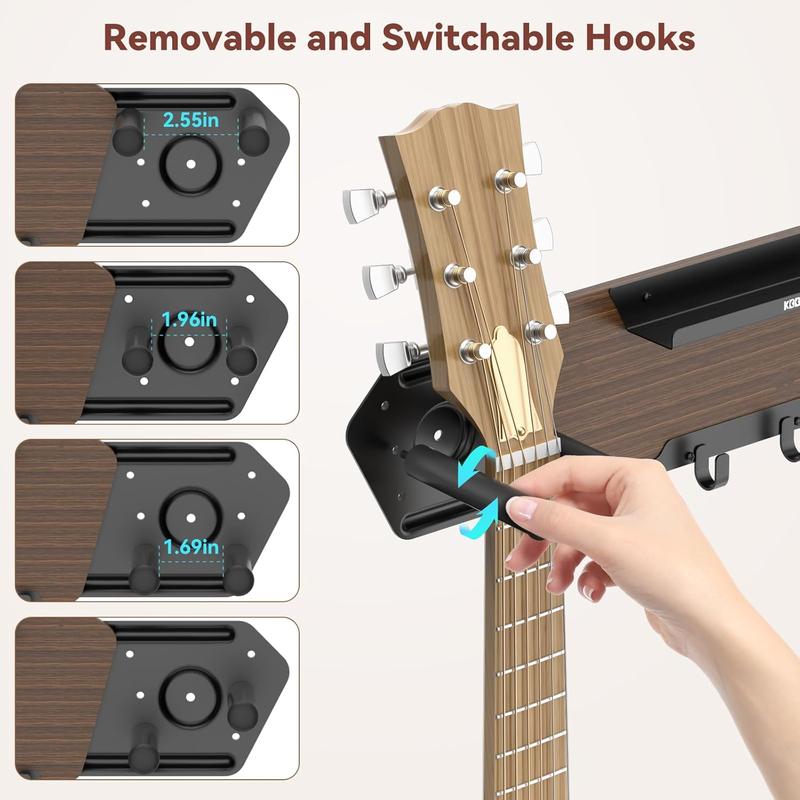 Guitar Wall Mount with 4 Removable Rubber Hangers - Double Guitar Wall Hangers with Shelf and 4 Hooks - Wooden Guitar Rack for Electric & Acoustic Guitar, Bass, Ukulele, Guitar Accessories