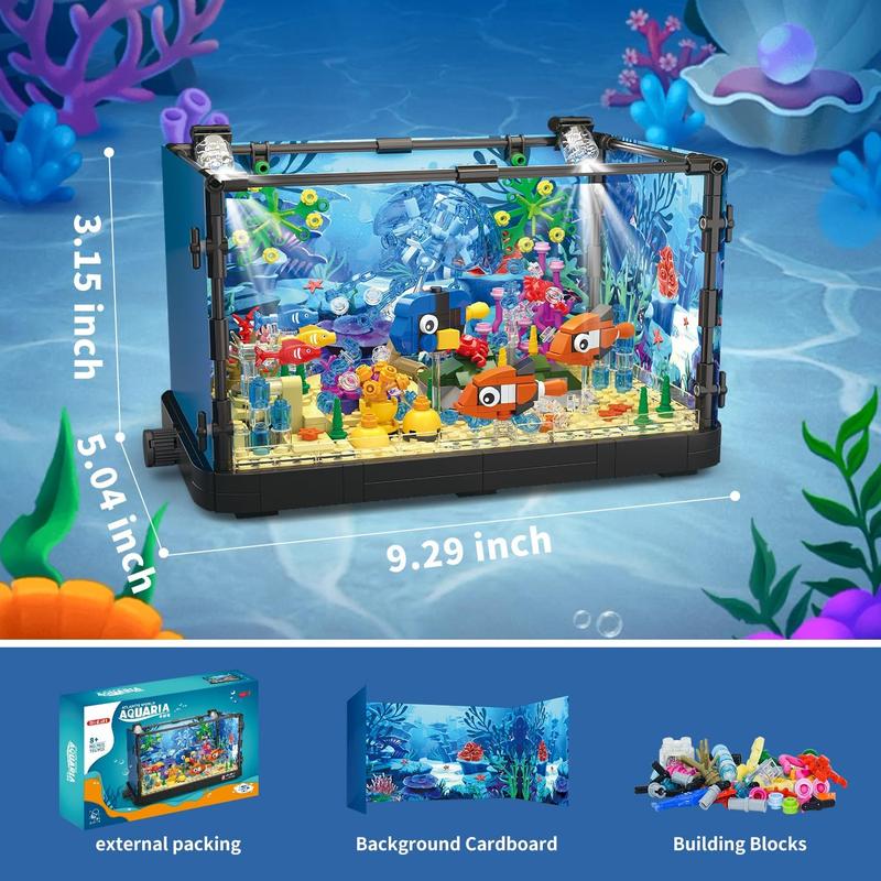 725 Piece Fish Tank Building Block Set with LED Light - Movable Aquarium Building Toy for Adults and Kids, Including Ocean Jellyfish, Crab, Fish, Animal Building Toys for Boys Girls Age 8-14