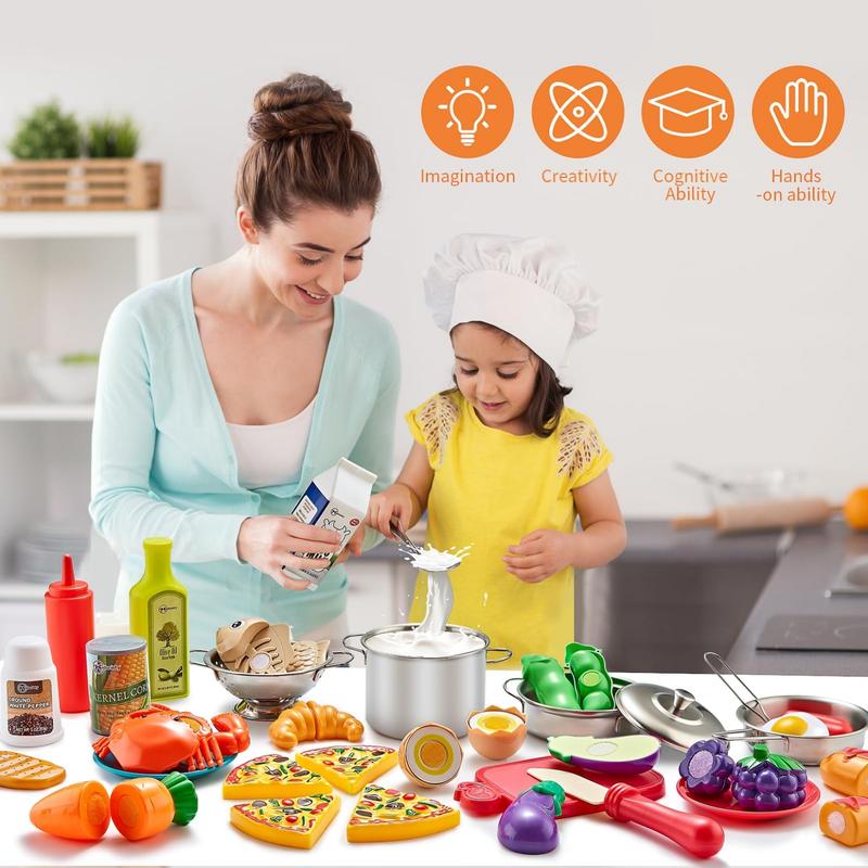 Pretend Play Kitchen Accessories, 52pack Kids Kitchen Playset with Play Food, Stainless Steel Cookware, Kitchen Toys Pots and Pans, Kids Kitchen Set, Boys Girls Gift