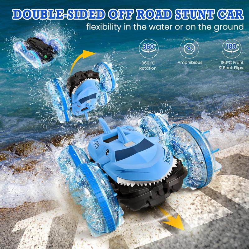 Amphibious Remote Control Car for Kids - 360° Rotation, LED Tires, Double-Sided Stunt Car - All Terrain RC Car for Land and Water Adventures