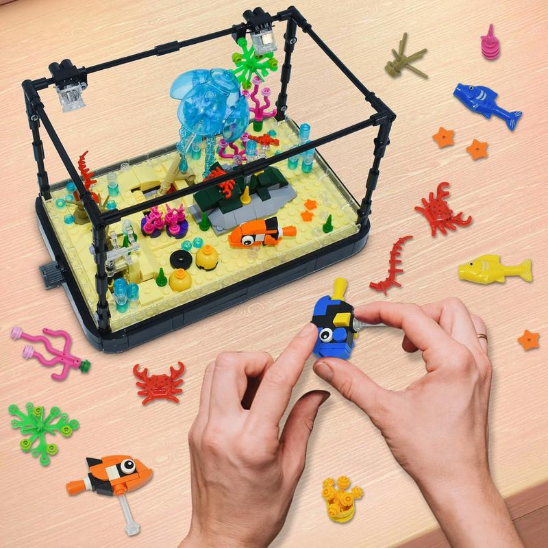 725 Piece Fish Tank Building Block Set with LED Light - Movable Aquarium Building Toy for Adults and Kids, Including Ocean Jellyfish, Crab, Fish, Animal Building Toys for Boys Girls Age 8-14