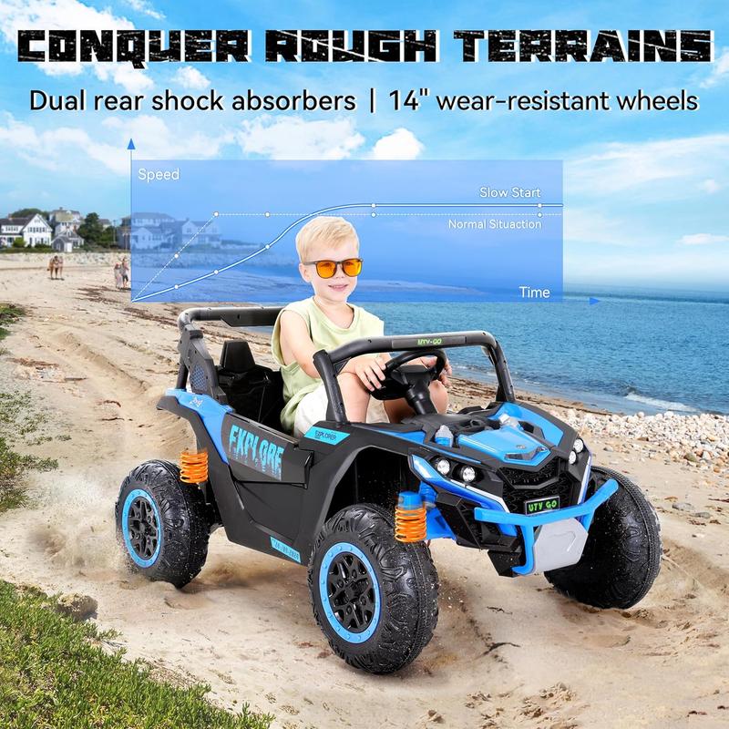 2 Seater Kids Ride on Car, Electric 4WD Off-Road UTV Truck, 7Ah Large Battery Kids Electric Car with Remote Control, Safety Belt, Horn, Music, and Lights for Kids Aged 3-8 Years Blue