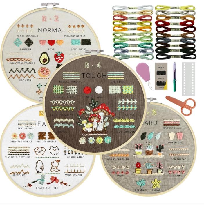 4 Stage Embroidery Kit for Beginners Adults, Easy to Learn 38 Different Stitches from Instruction & Video, Needlepoint Kits for Adults with Stamped Embroidery Patterns.