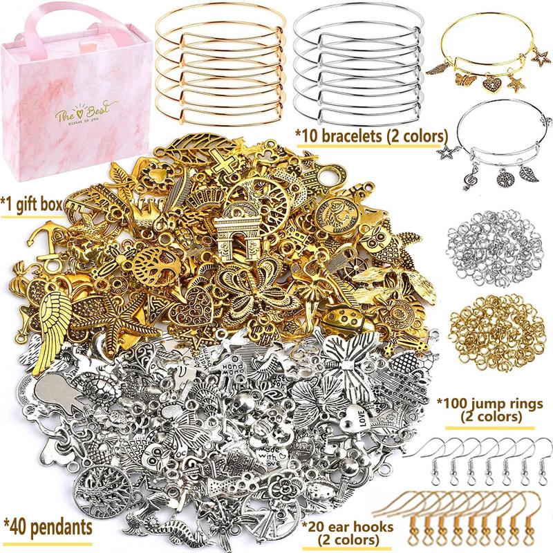 DIY Bangles Bracelet Making Kit, 171pcs set DIY Jewelry Making Accessories Including 10pcs Expandable Bangle, 40pcs Pendants, 100pcs Jump Rings, 20pcs Earhooks & Gift Box