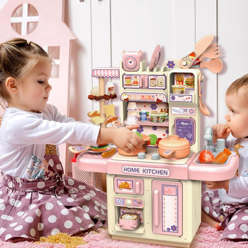 Mini Kitchen Playset Toy,33 PCS Play Kitchen with Realistic Steam and Lights, Role Playing Game Pretend Food and Cooking Playset, Mini Kitchen Accessories Set for 3 4 Girls Boys