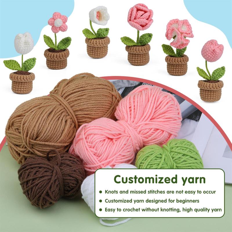 Flower Crochet Kit, 6 Counts set Crochet Potted Flower Set, Crochet Starter Kit with Step-by-Step Video Tutorials, Suitable for Beginners and Adults