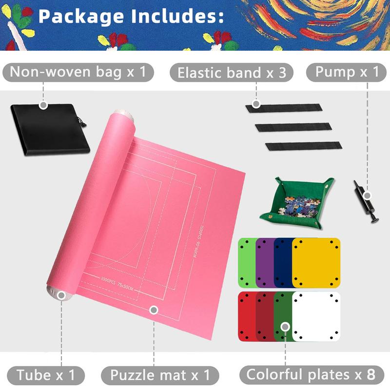 Jigsaw  Puzzle Mat Roll UP ，Puzzle Saver with 8 Colored Sorting Trays Storage Bag Pump, Portable Puzzle Keeper for 3000 1500 1000 Piece