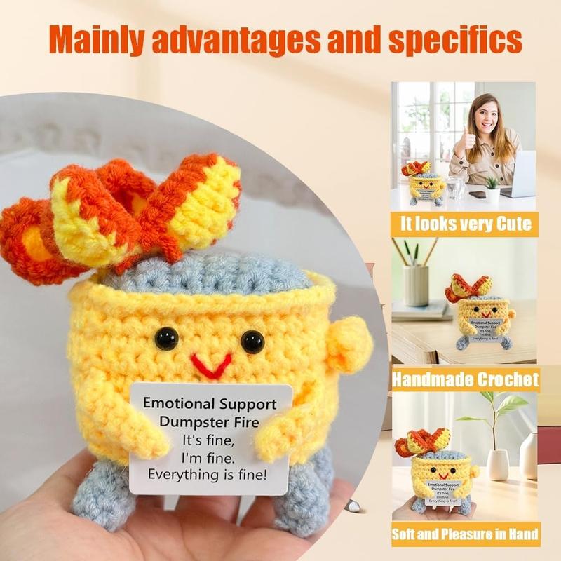 Emotional Support Crochet Dumpster Fire with Positive Card Cute Room Decor Knitted Toys Funny Crochet Support Buddies Gifts for Friends (Yellow)