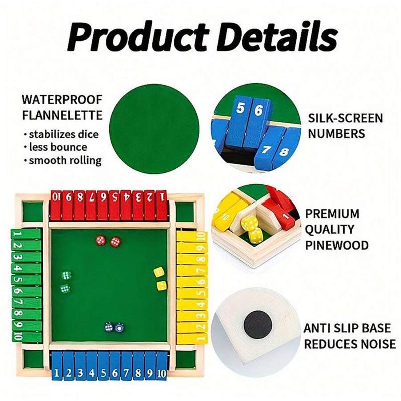 Wooden Classic Four-sided Numbered Board Game, 1 Set Wooden Four-sided Numbered Board Game with 2 Dice, Indoor Recreation Supplies