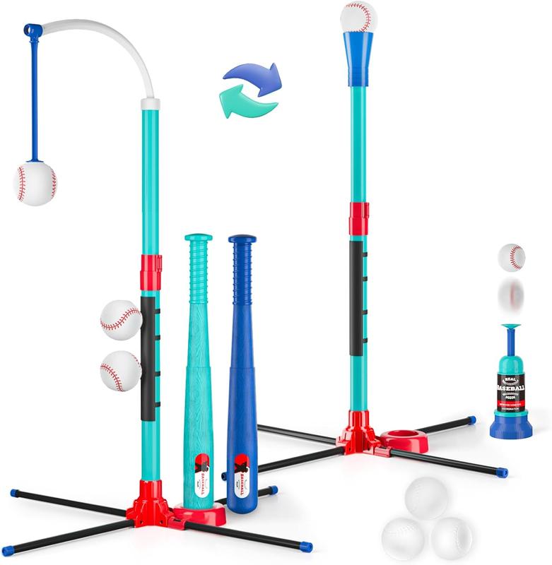 3-in-1 Baseball Set Kids Sports Toy: Hanging Batting Tee + Stand Set for Toddlers & Youth Adjustable Height with Auto Ball Launcher 6 balls 2 Bats Outdoor&Indoor Toys Birthday Gifts for 3-12 years old