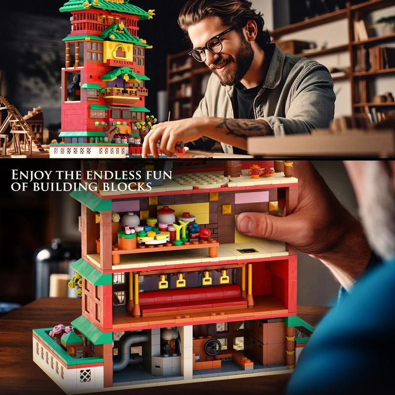 66032,5 IN 1 Oilhouse style BathHouse Panoramic display architecture Building Block Set, Street view shop,Home and Bookshelf Decoration,Collecting and Gifting Model For aged 12 and above,Stress relief toy,1868 Pieces game fan