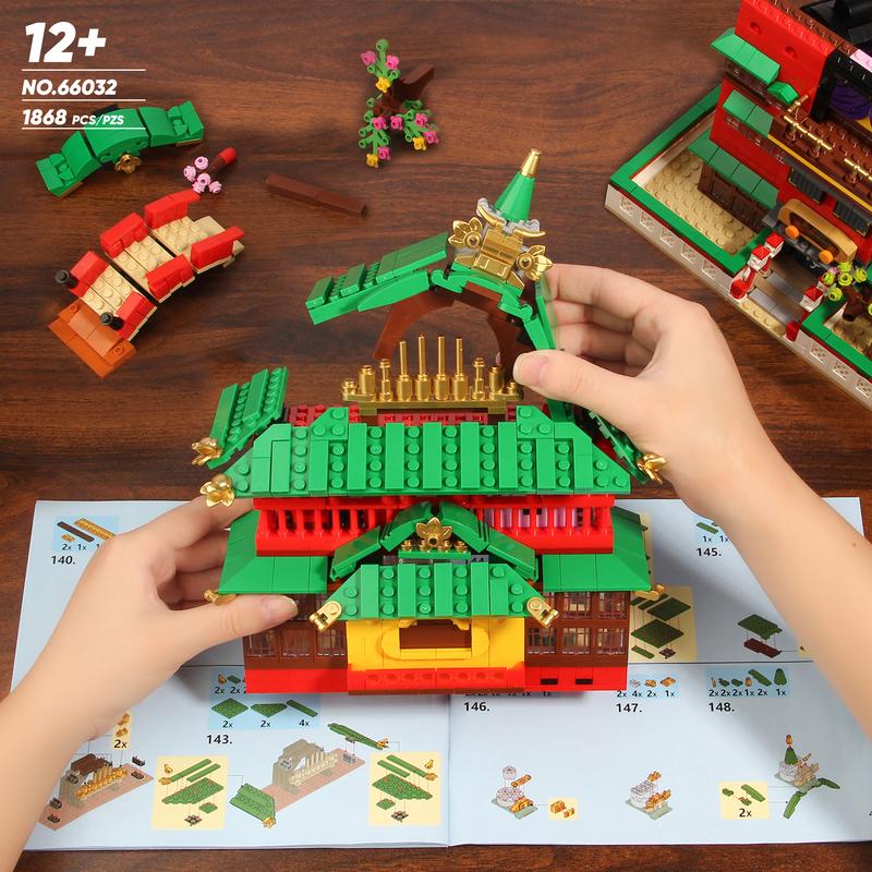 66032,5 IN 1 Oilhouse style BathHouse Panoramic display architecture Building Block Set, Street view shop,Home and Bookshelf Decoration,Collecting and Gifting Model For aged 12 and above,Stress relief toy,1868 Pieces game fan