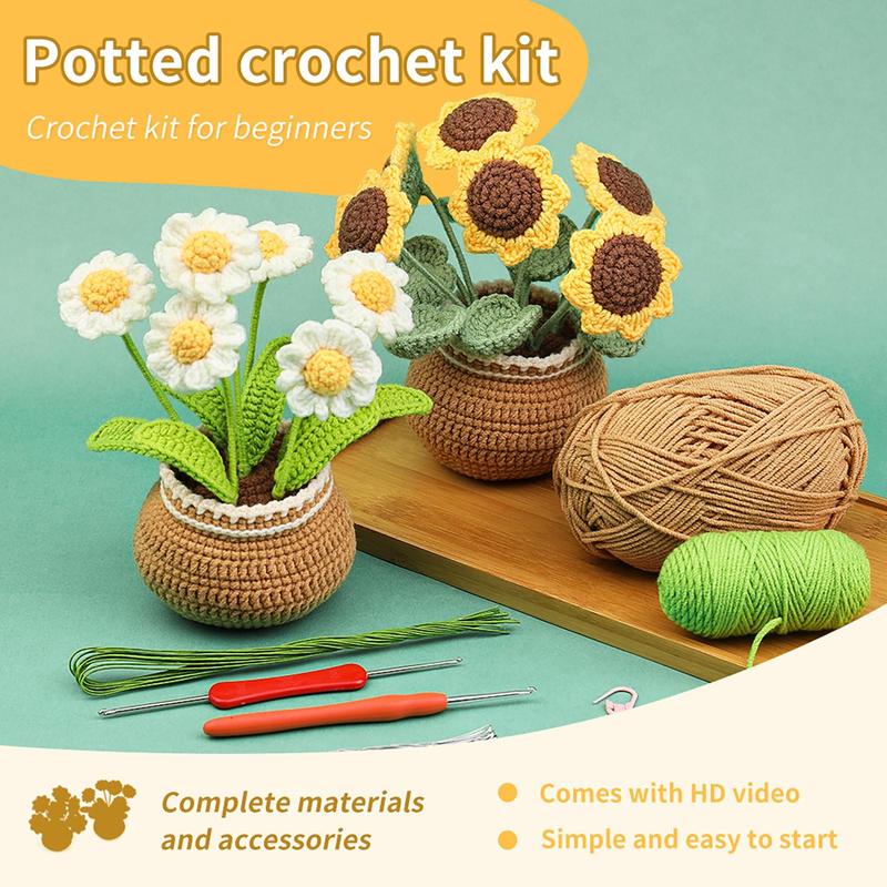 Daisy & Sunflower Design Crochet Kit, 2 Counts set Floral Crochet Starter Set with Step-by-Step Video Tutorials, Complete Knitting & Crochet Kit for Beginners Adults, DIY Handmade Knitting Supplies