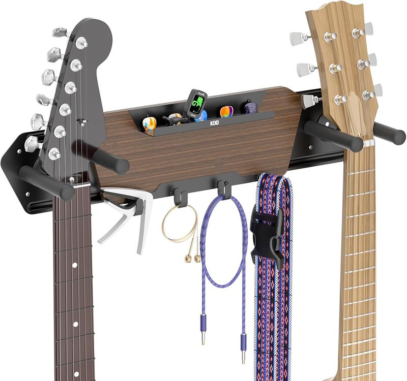 Guitar Wall Mount with 4 Removable Rubber Hangers - Double Guitar Wall Hangers with Shelf and 4 Hooks - Wooden Guitar Rack for Electric & Acoustic Guitar, Bass, Ukulele, Guitar Accessories