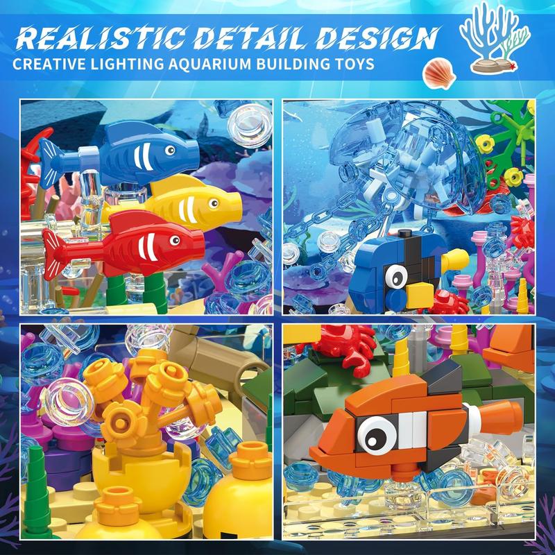 725 Piece Fish Tank Building Block Set with LED Light - Movable Aquarium Building Toy for Adults and Kids, Including Ocean Jellyfish, Crab, Fish, Animal Building Toys for Boys Girls Age 8-14