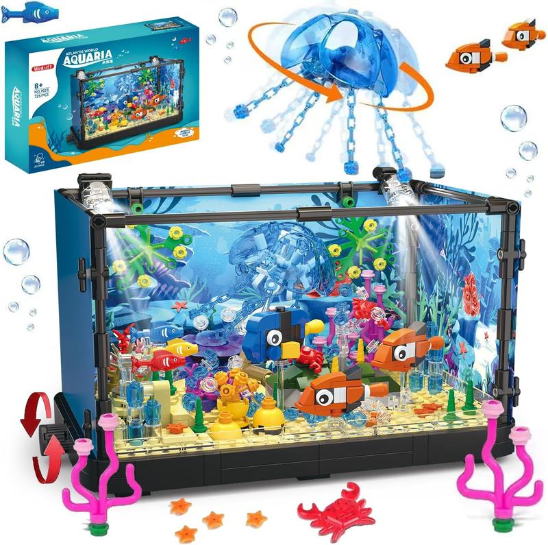 725 Piece Fish Tank Building Block Set with LED Light - Movable Aquarium Building Toy for Adults and Kids, Including Ocean Jellyfish, Crab, Fish, Animal Building Toys for Boys Girls Age 8-14