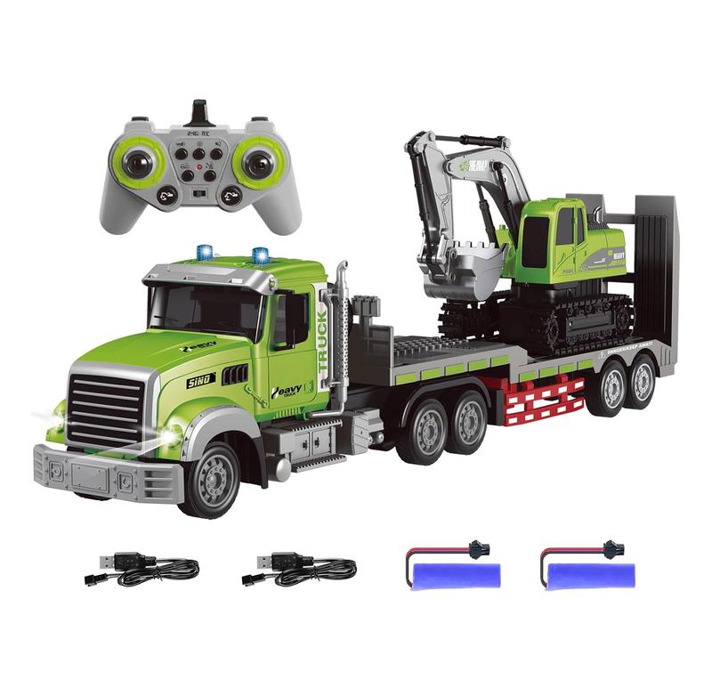 RC Semi Truck & Excavator Toy Set,1:12 RC Semi-Trailer Truck with Sound and Lights,2.4Ghz Remote Control Flatbed Truck with Excavator Toys