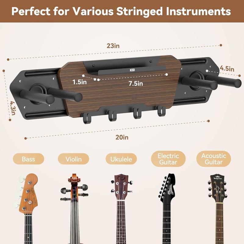 Guitar Wall Mount with 4 Removable Rubber Hangers - Double Guitar Wall Hangers with Shelf and 4 Hooks - Wooden Guitar Rack for Electric & Acoustic Guitar, Bass, Ukulele, Guitar Accessories