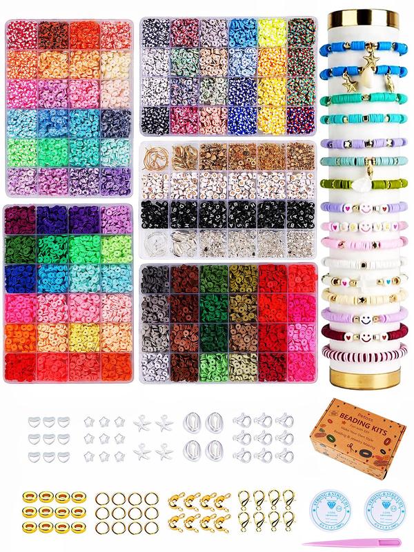 120-grid Beaded Kit, Colorful Soft Clay Beads & Letter Beads & Elastic Thread, Diy Jewelry Making Supplies for Bracelet & Necklace Making, Perfect for Women Girls