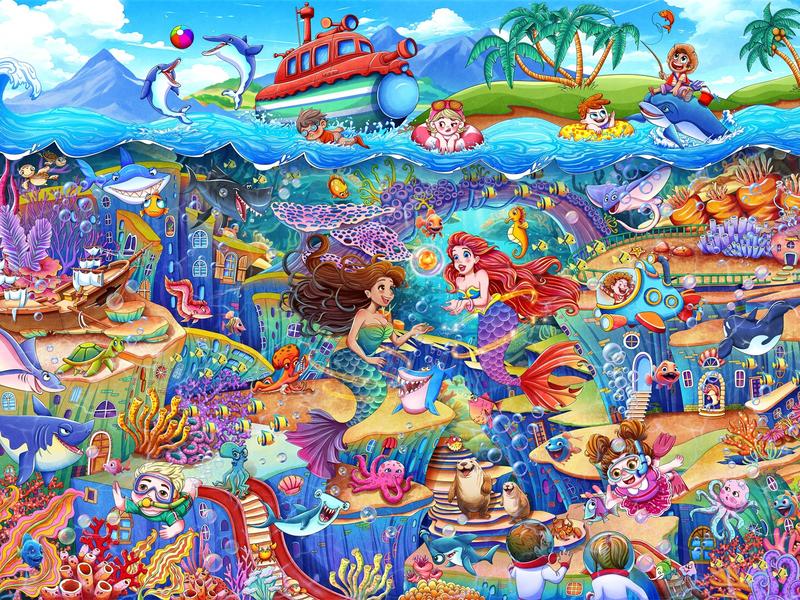 HUADADA 100 pieces of puzzles for adults,toddler puzzles，underwater fairytales, mermaid adventures, suitable for home decoration holiday gifts, family games, grandparents brainstorming