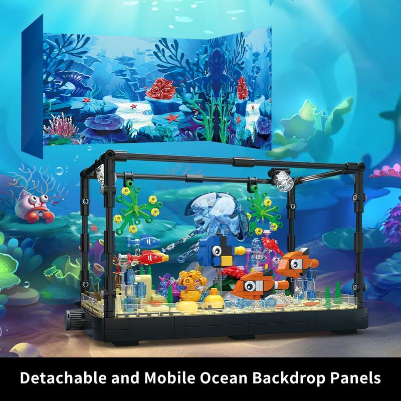 725 Piece Fish Tank Building Block Set with LED Light - Movable Aquarium Building Toy for Adults and Kids, Including Ocean Jellyfish, Crab, Fish, Animal Building Toys for Boys Girls Age 8-14