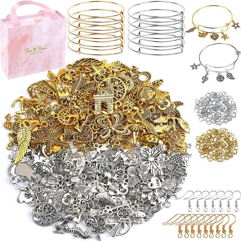 DIY Bangles Bracelet Making Kit, 171pcs set DIY Jewelry Making Accessories Including 10pcs Expandable Bangle, 40pcs Pendants, 100pcs Jump Rings, 20pcs Earhooks & Gift Box