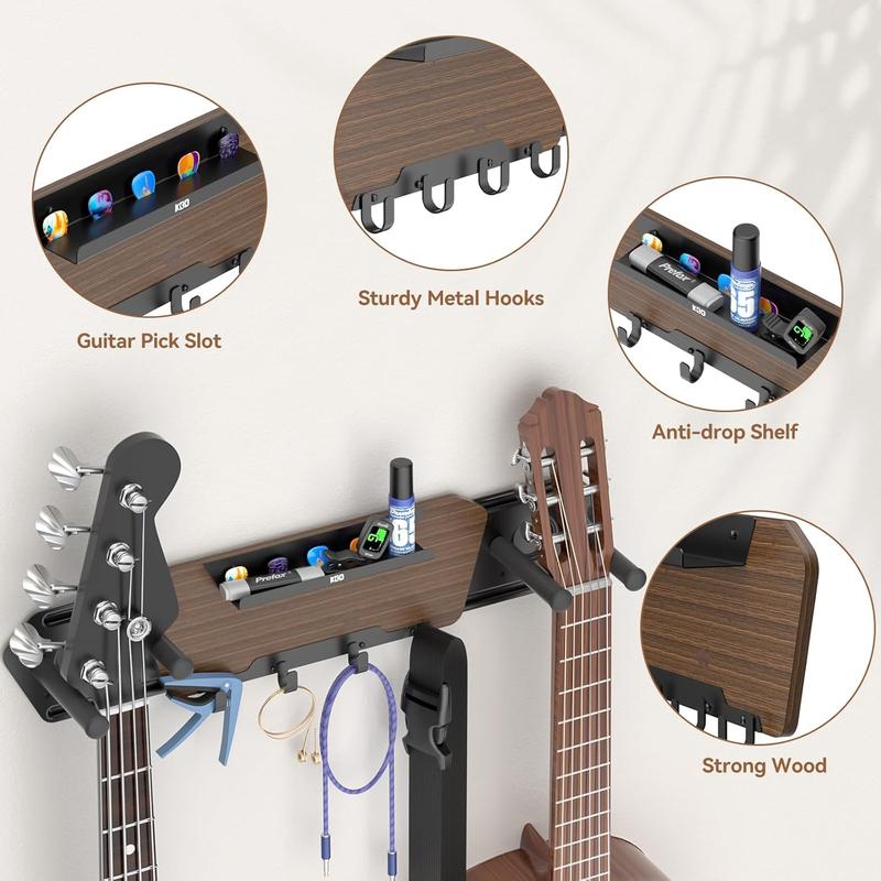 Guitar Wall Mount with 4 Removable Rubber Hangers - Double Guitar Wall Hangers with Shelf and 4 Hooks - Wooden Guitar Rack for Electric & Acoustic Guitar, Bass, Ukulele, Guitar Accessories