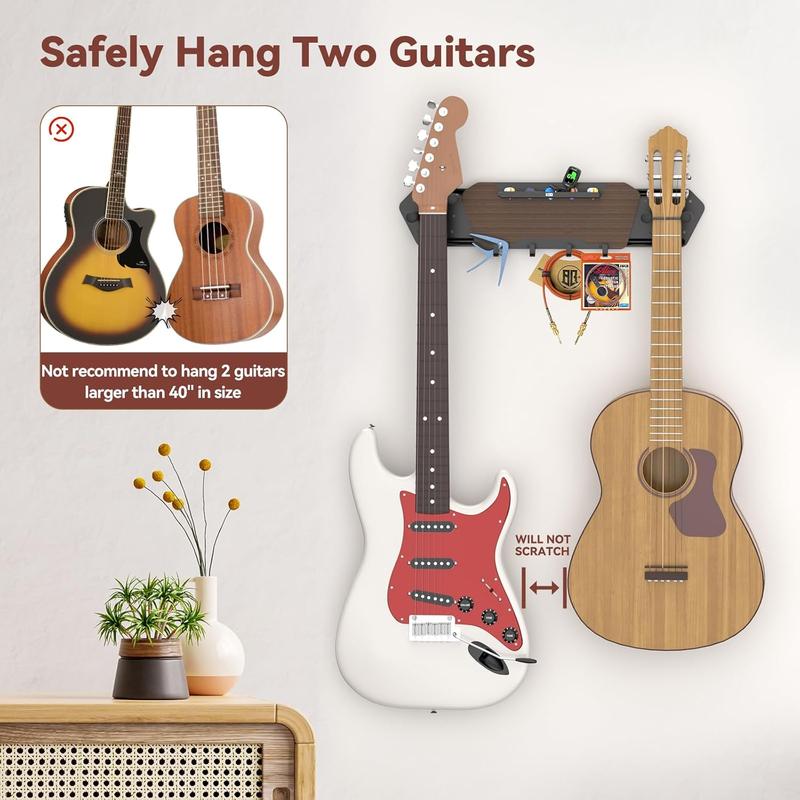 Guitar Wall Mount with 4 Removable Rubber Hangers - Double Guitar Wall Hangers with Shelf and 4 Hooks - Wooden Guitar Rack for Electric & Acoustic Guitar, Bass, Ukulele, Guitar Accessories