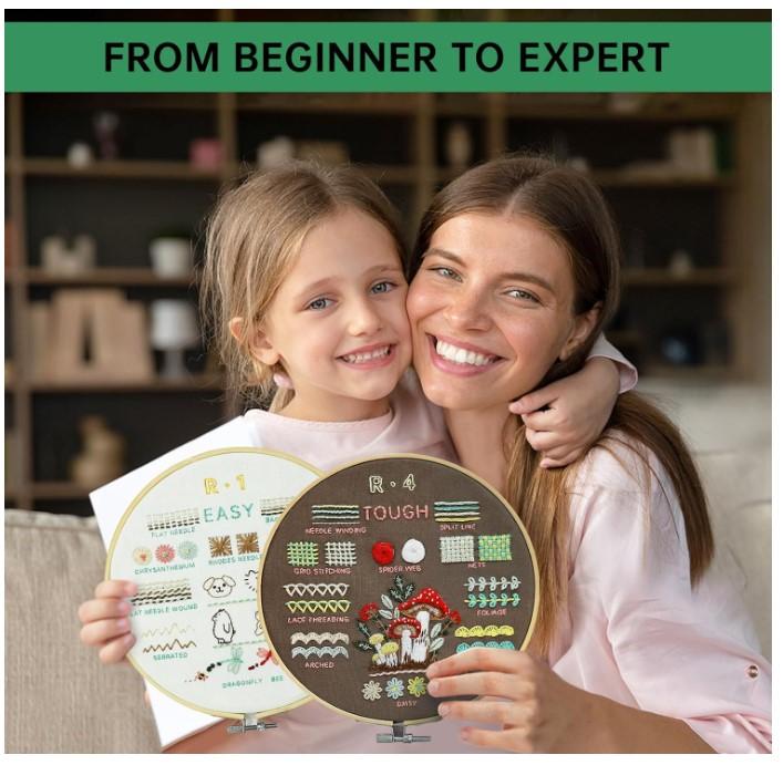 4 Stage Embroidery Kit for Beginners Adults, Easy to Learn 38 Different Stitches from Instruction & Video, Needlepoint Kits for Adults with Stamped Embroidery Patterns.