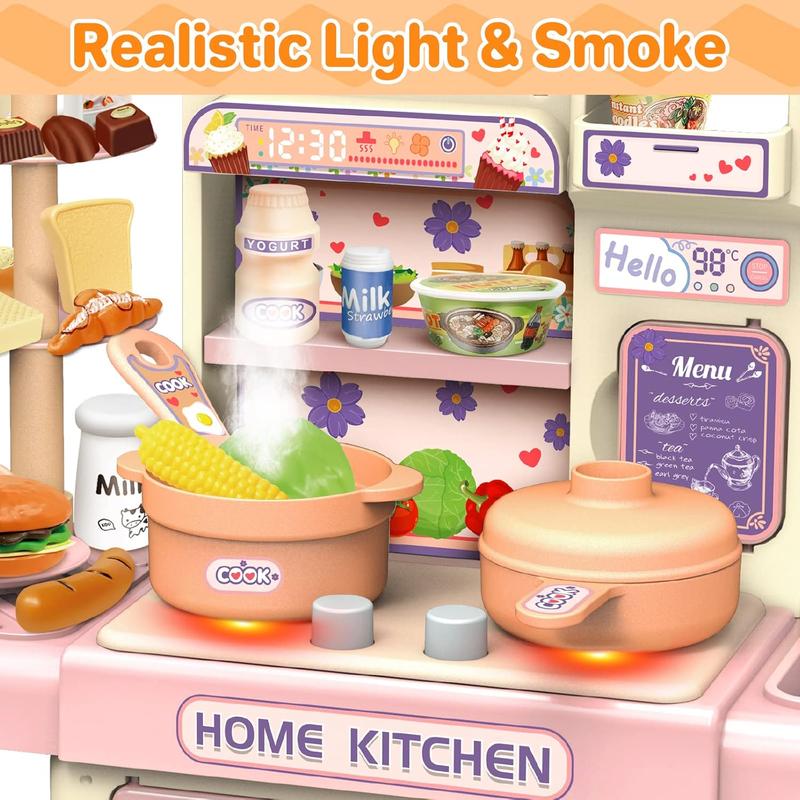 Mini Kitchen Playset Toy,33 PCS Play Kitchen with Realistic Steam and Lights, Role Playing Game Pretend Food and Cooking Playset, Mini Kitchen Accessories Set for 3 4 Girls Boys