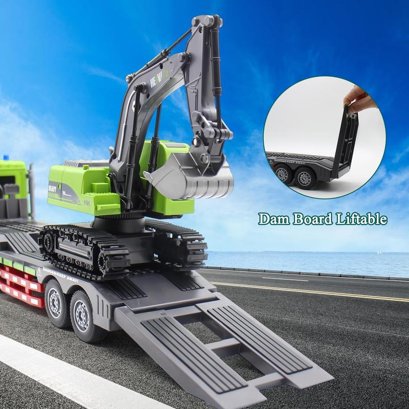 RC Semi Truck & Excavator Toy Set,1:12 RC Semi-Trailer Truck with Sound and Lights,2.4Ghz Remote Control Flatbed Truck with Excavator Toys