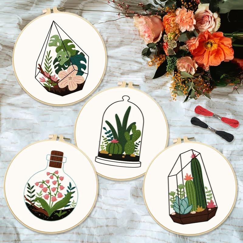 Potted Plant Pattern Embroidery Kit, 4pcs set DIY Embroidery Kit with Random Color Accessories, Embroidery Supplies for Beginners