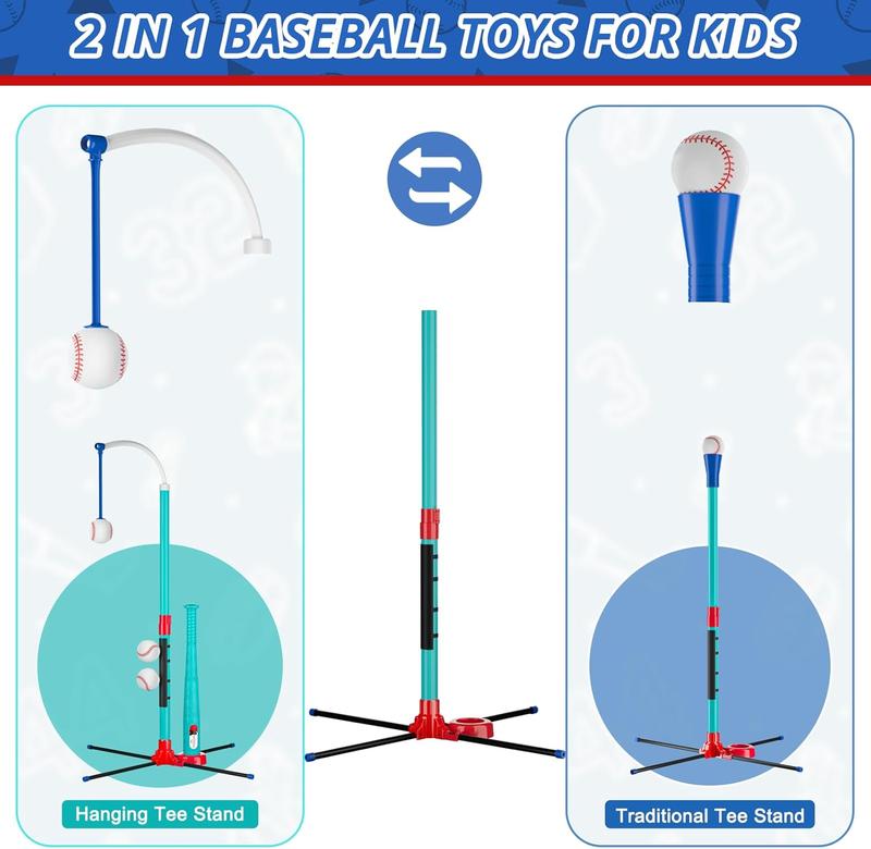 3-in-1 Baseball Set Kids Sports Toy: Hanging Batting Tee + Stand Set for Toddlers & Youth Adjustable Height with Auto Ball Launcher 6 balls 2 Bats Outdoor&Indoor Toys Birthday Gifts for 3-12 years old