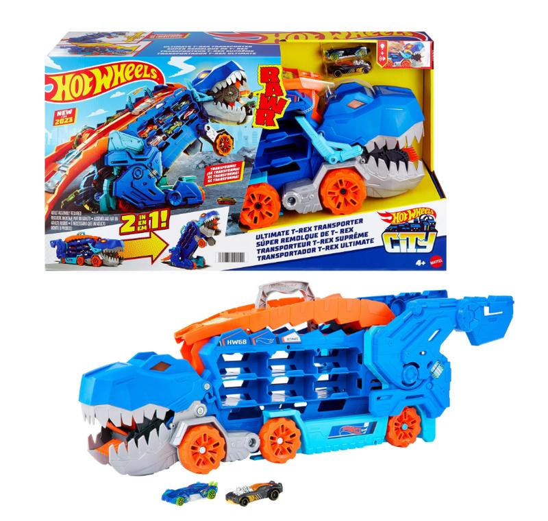 Hot Wheels City Ultimate Hauler, Transforms into a T-Rex with Race Track, Stores 20+ Cars, Kids 4Y+