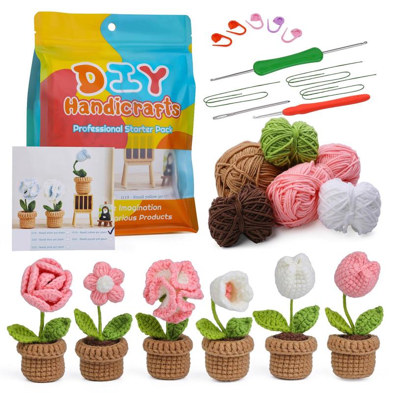 Flower Crochet Kit, 6 Counts set Crochet Potted Flower Set, Crochet Starter Kit with Step-by-Step Video Tutorials, Suitable for Beginners and Adults