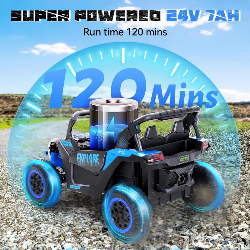 2 Seater Kids Ride on Car, Electric 4WD Off-Road UTV Truck, 7Ah Large Battery Kids Electric Car with Remote Control, Safety Belt, Horn, Music, and Lights for Kids Aged 3-8 Years Blue