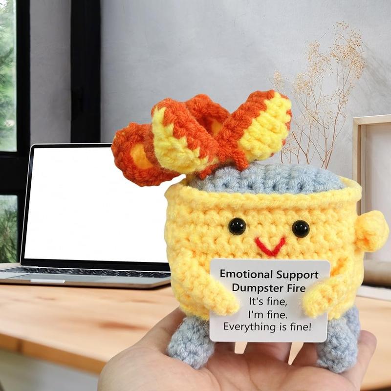 Emotional Support Crochet Dumpster Fire with Positive Card Cute Room Decor Knitted Toys Funny Crochet Support Buddies Gifts for Friends (Yellow)