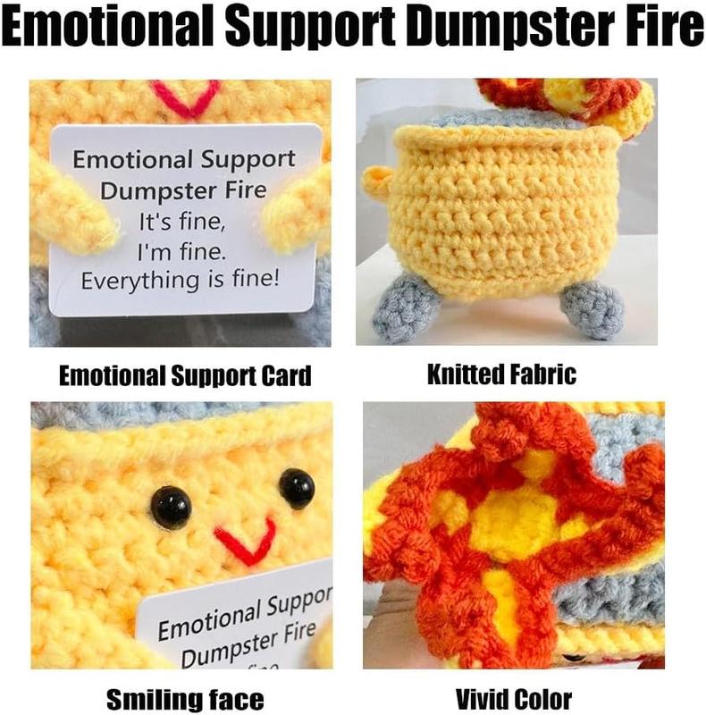 Emotional Support Crochet Dumpster Fire with Positive Card Cute Room Decor Knitted Toys Funny Crochet Support Buddies Gifts for Friends (Yellow)