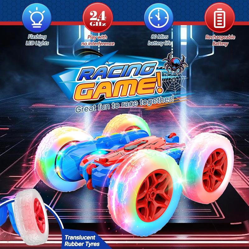 Spider Remote Control Car Toy for Kids 3-12 RC Cars with Strip Lights Toys for 4 5 6 7 8 9 10 Year Old Boys Girls 360Flip Rechargeable Stunt Car Easter Birthday Gift for Boy Kid Age 4-7