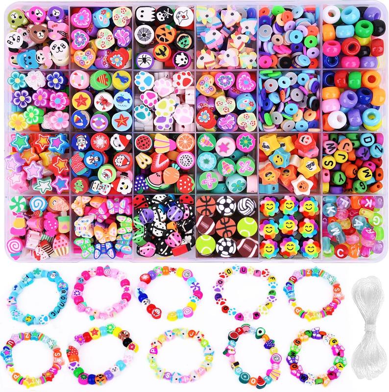 1000PCS Polymer Clay Beads Bracelet Making Kit - 24 Unique Styles Including Fruits, Flowers, Animals, Hearts, and More, for DIY Jewelry, Necklaces, Earrings, Keychains, and Craft Projects