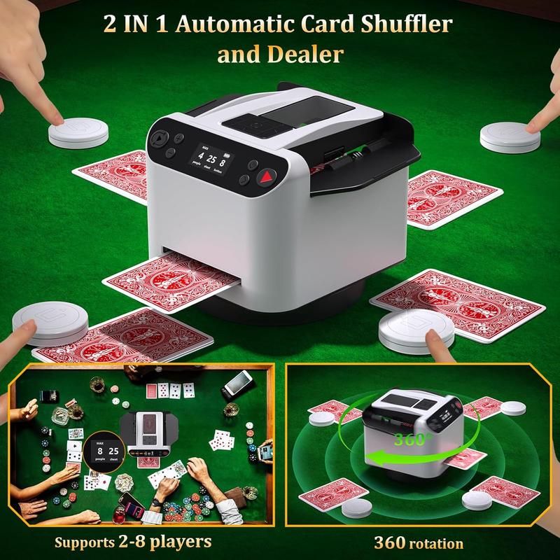 Automatic Card Shuffler and Dealer, 360° Rotating Card Dealer with Wireless Remote, 2-8 Players Playing Card Shuffler for UNO, Poker, Texas Hold'em, Monopoly Deal, Blackjack and Maverick Cards